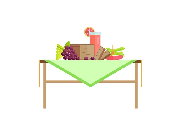 Essen zum Frühstück und Grapefruitsaft auf dem Tisch — Stockvektor