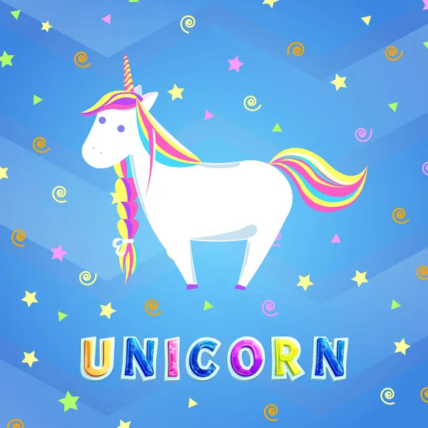 Girlish Unicorn dengan Rainbow Mane dan Sharp Horn - Stok Vektor