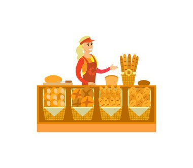 Süpermarket mağaza fırın bölümü kadın vektör