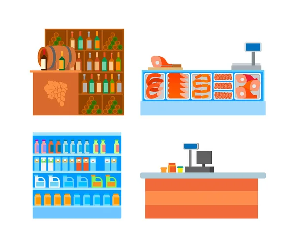 Supermarket Departments Counters Food Set Vector — Stock Vector