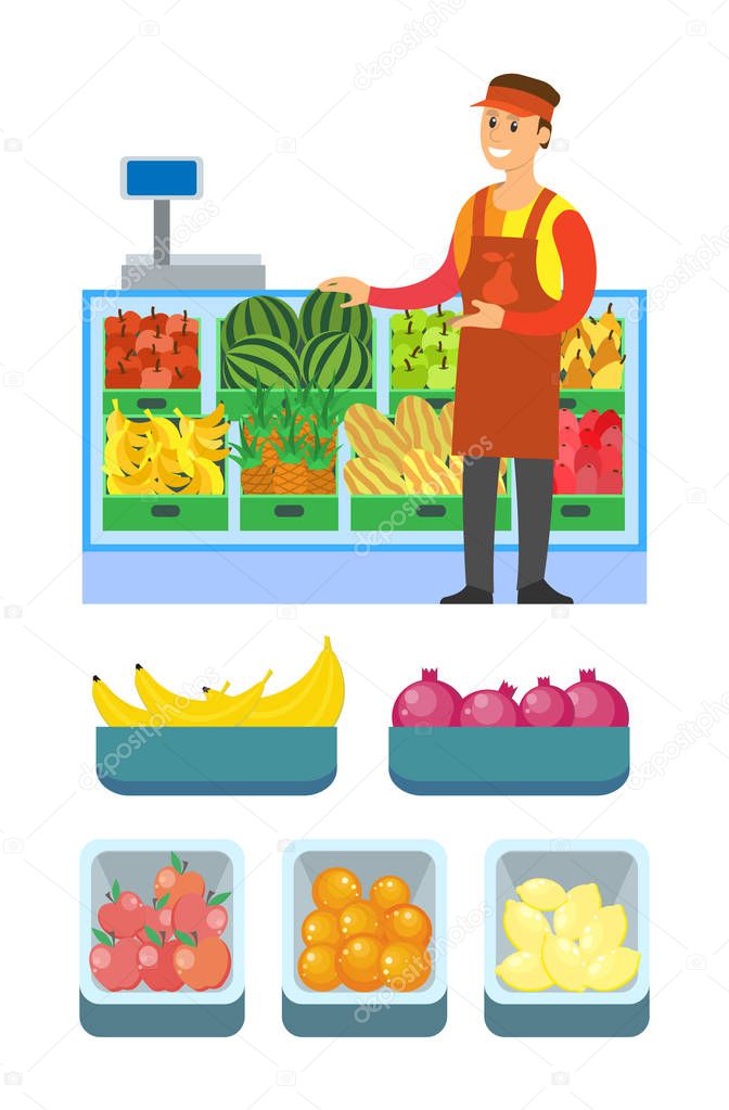 Supermarket Worker Man Male with Fruits Vector