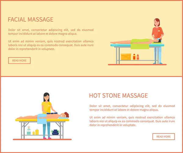 Gezicht en Hot Stone Massage Cartoon Vector Banner — Stockvector