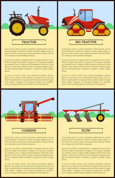 Tractor Combine cartazes conjunto ilustração vetorial — Vetor de Stock