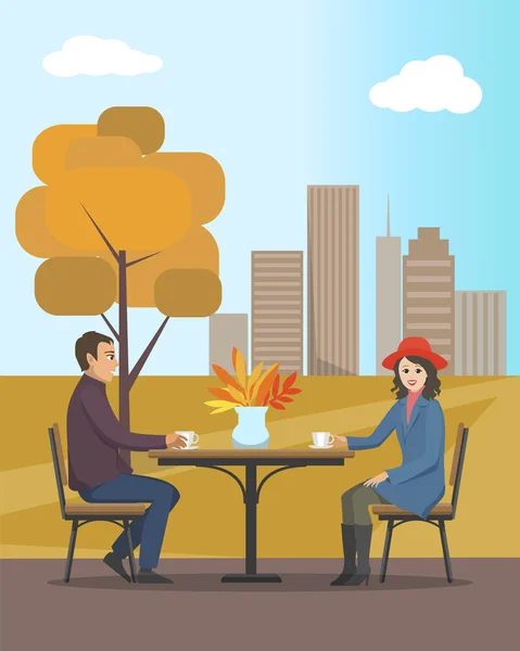 Café en Autumn City Park Personas enamoradas Vector — Vector de stock