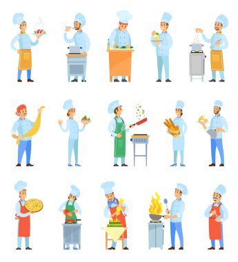 Cook Chefs Cooking Meal in Kitchen Set Vector