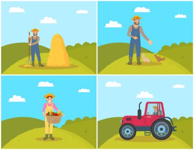 Alan vektör çizim üzerinde tavuk besleme çiftçi