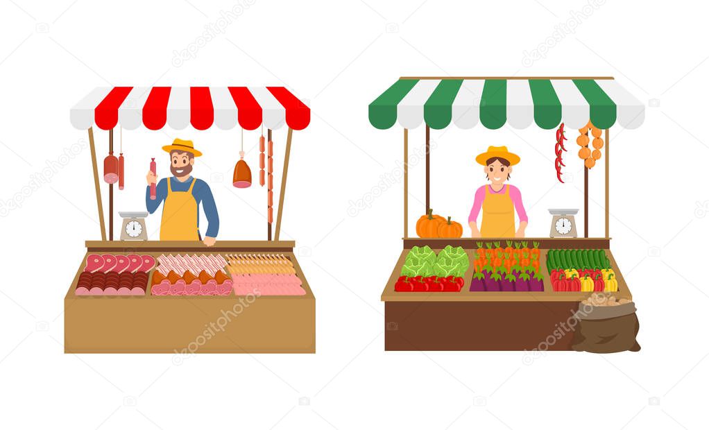 Farmer Sellers on Market Set Vector Illustration