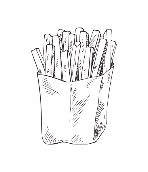 Franse frietjes in pakket Sketch Vector Illustratie — Stockvector