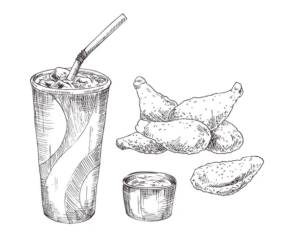 Copa de papel de cola con alas de pollo icono monocromo — Vector de stock