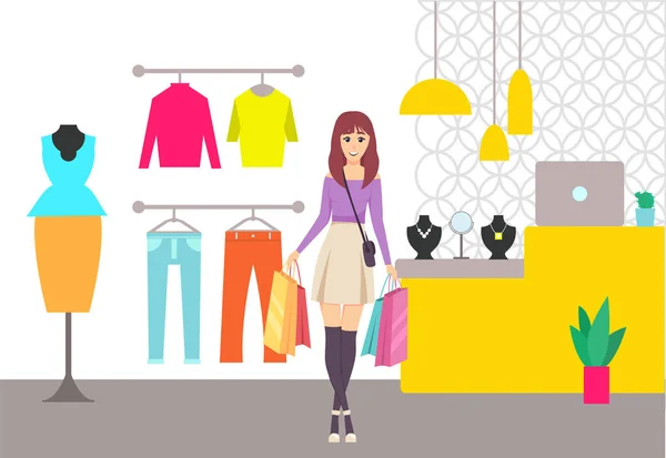 Ψώνια κυρία με τσάντες περπάτημα από κατάστημα διάνυσμα — Διανυσματικό Αρχείο