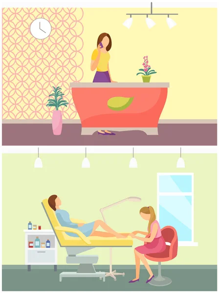 Beauty Spa Salon Reception and Pedicure Set Vector — Stok Vektör