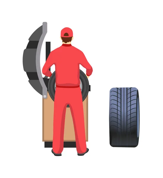Reifenproduktion und Reparaturservice, Mechaniker — Stockvektor