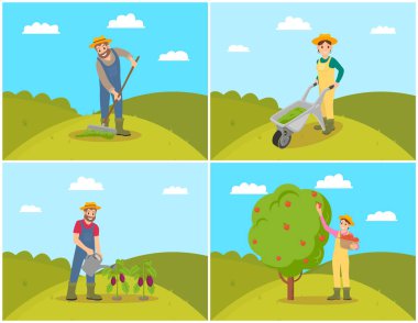 Farmer with Compost Trolley Vector Illustration