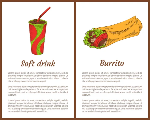 Frisdrank met Burrito kleur vectorillustraties — Stockvector