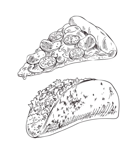 芝士披萨和填充塔科远离食品图标集 — 图库矢量图片