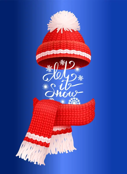 Let It Snow napis czerwony szalik z dzianiny kapelusz wektor — Wektor stockowy