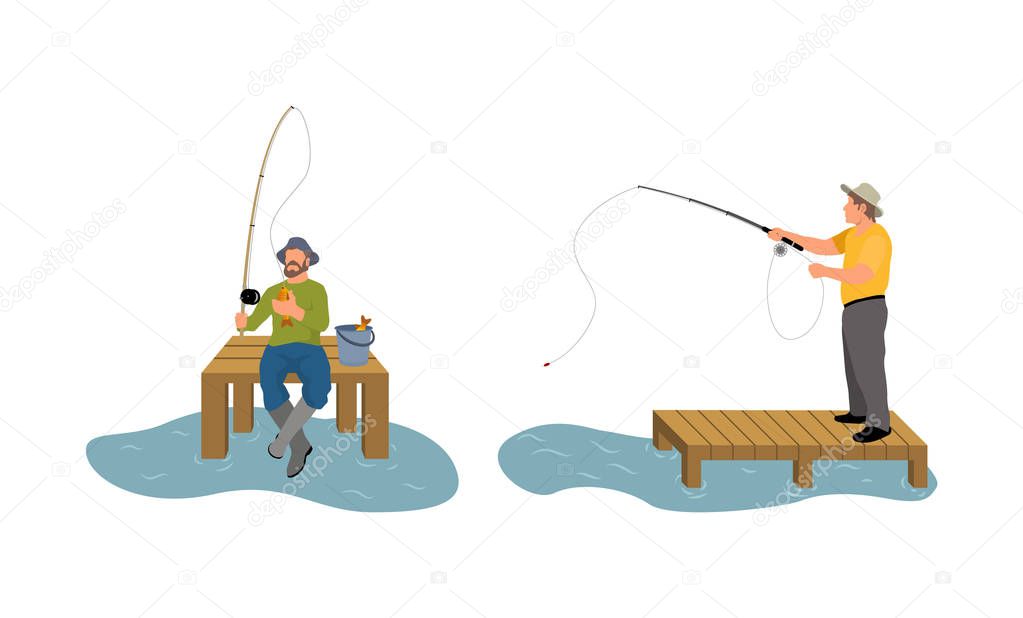 Fishing Men on Wooden Pier Vector Illustration
