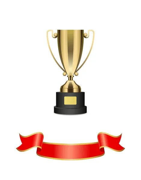 Coppa trofeo oro con decorazione vettoriale nastro rosso — Vettoriale Stock