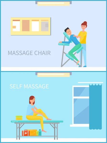 Massagesessel und selbstmassierende Frau setzen Vektor — Stockvektor