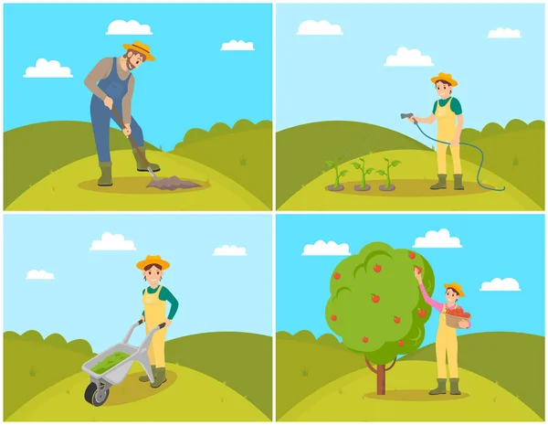 Agriculteur avec panier et pommes Illustration vectorielle — Image vectorielle