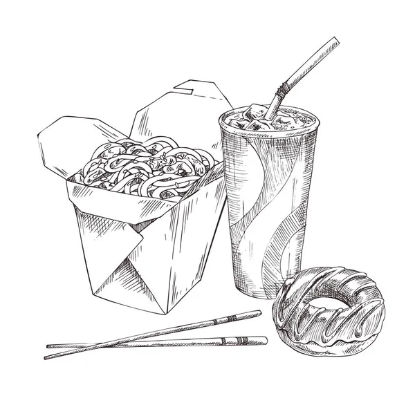 Nouilles croquis alimentaires asiatiques Illustration vectorielle — Image vectorielle