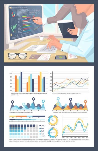 Infographies et diagrammes à secteurs, Travail sur la recherche — Image vectorielle