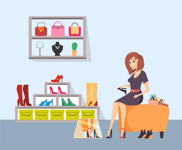 Női Shopaholic megpróbálja a cipő áruház vektor — Stock Vector