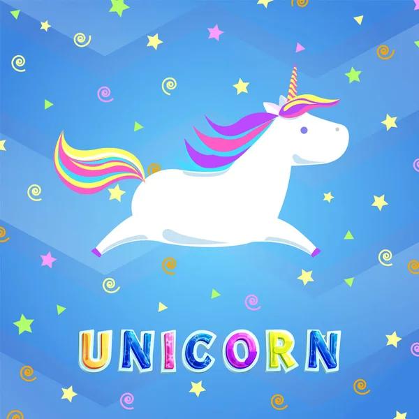 Unicorn dengan Rainbow Mane dan Sharp Horn Flying - Stok Vektor