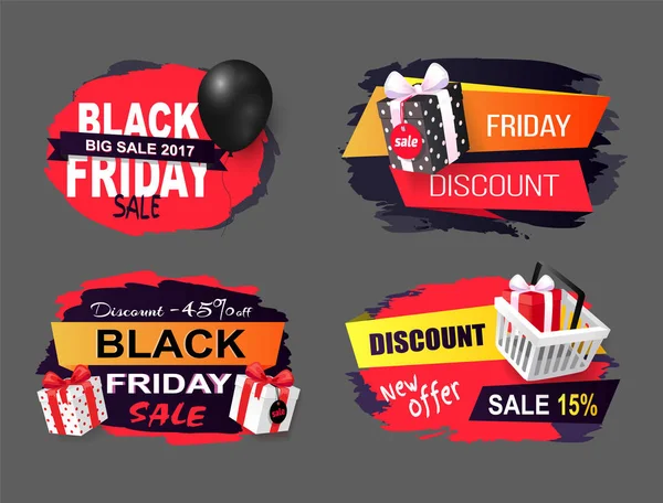 Black Friday Offers and Sales Banners Gifts Set — Stock Vector