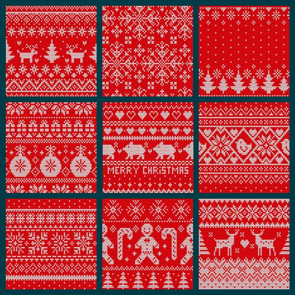 Christmas Embroidery Seamless Knitted Pattern Set — Stockový vektor