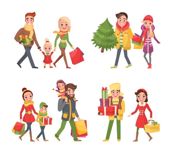 Compras de Navidad, preparación para las vacaciones de invierno — Archivo Imágenes Vectoriales