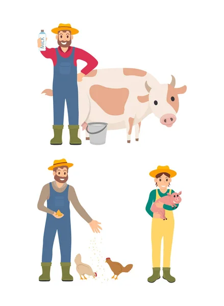 Αγρότης με γάλα και αγελάδα που εικονογράφηση διάνυσμα — Διανυσματικό Αρχείο