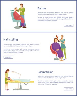 Saç şekillendirme ve kuaför hizmeti posterler vektör ayarla
