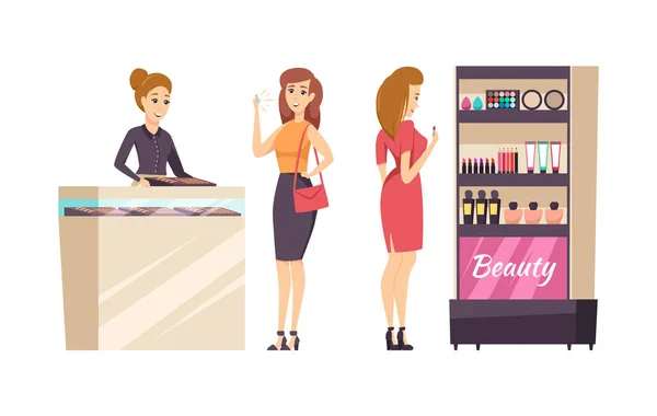 女性购物狂选择化妆品设置向量 — 图库矢量图片