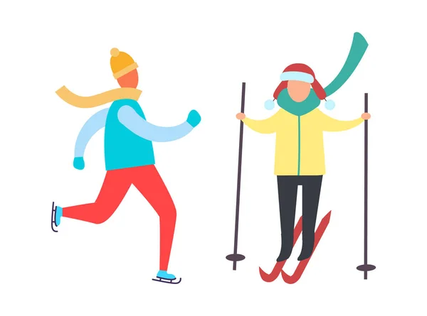 Ski pour enfants avec bâtons dans les mains, Patinage d'hiver — Image vectorielle