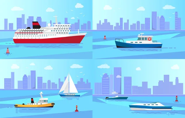 Havsgående fartyg nära kusten illustrationer inställd — Stock vektor