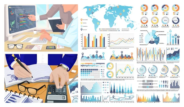 Infographics ve Dünya Haritası, rakamlar hesaplamalar — Stok Vektör