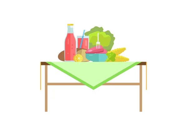 Verduras, filete de carne y refrescos dulces en la mesa — Vector de stock
