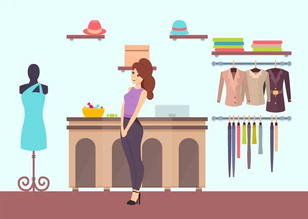 Shopping Femme dans la Boutique de Vêtements de Mall Vector — Image vectorielle