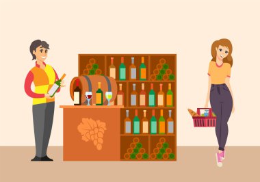 Sommelier şarap dükkanı vektör müşteri ile