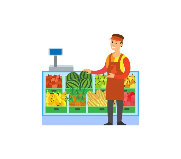 Supermarket Store Fruits Department Worker Vector — Stock Vector
