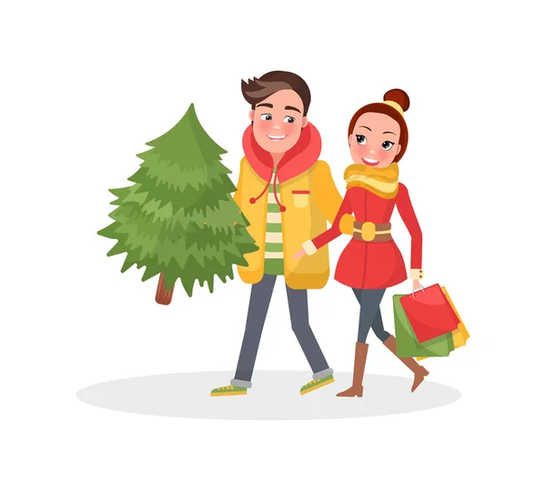 Merry Couple Returns from Shopping, Christmas Tree — Stock Vector