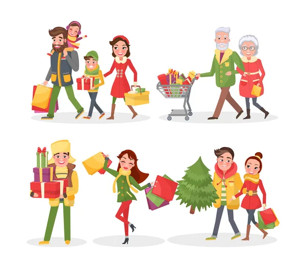 Vacances de Noël approche, Les gens font du shopping — Image vectorielle