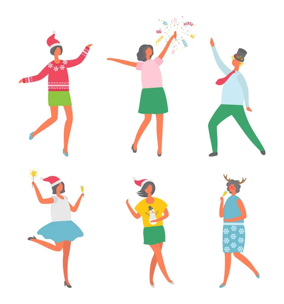 Fiesta de Navidad, gente feliz divirtiéndose bailando — Archivo Imágenes Vectoriales