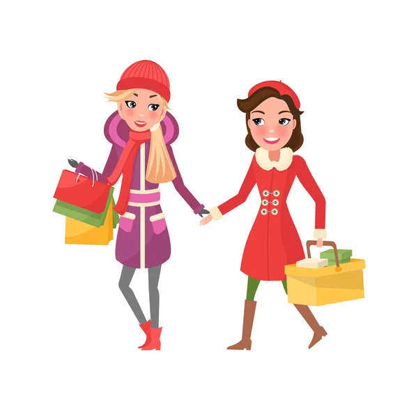 Weihnachtseinkäufe der besten Freundinnen, Käuferinnen — Stockvektor