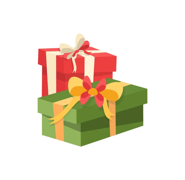 Cajas de paquetes rojos y verdes, decoradas con cinta adhesiva — Vector de stock