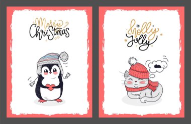 Noel kartları penguen ve Holly ile Kitty düldül