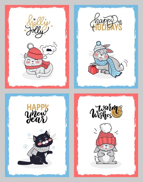 Navidad dibujos animados animales lindo gato, precioso conejito — Vector de stock