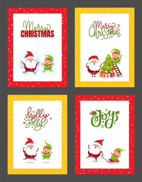 Christmas Greeting Cards with Santa Claus and Elf — Stock Vector