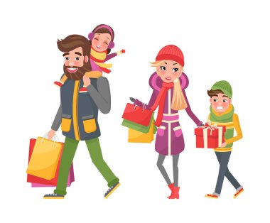 Ebeveynler ve çocuklar, çanta Xmas hediye dolu